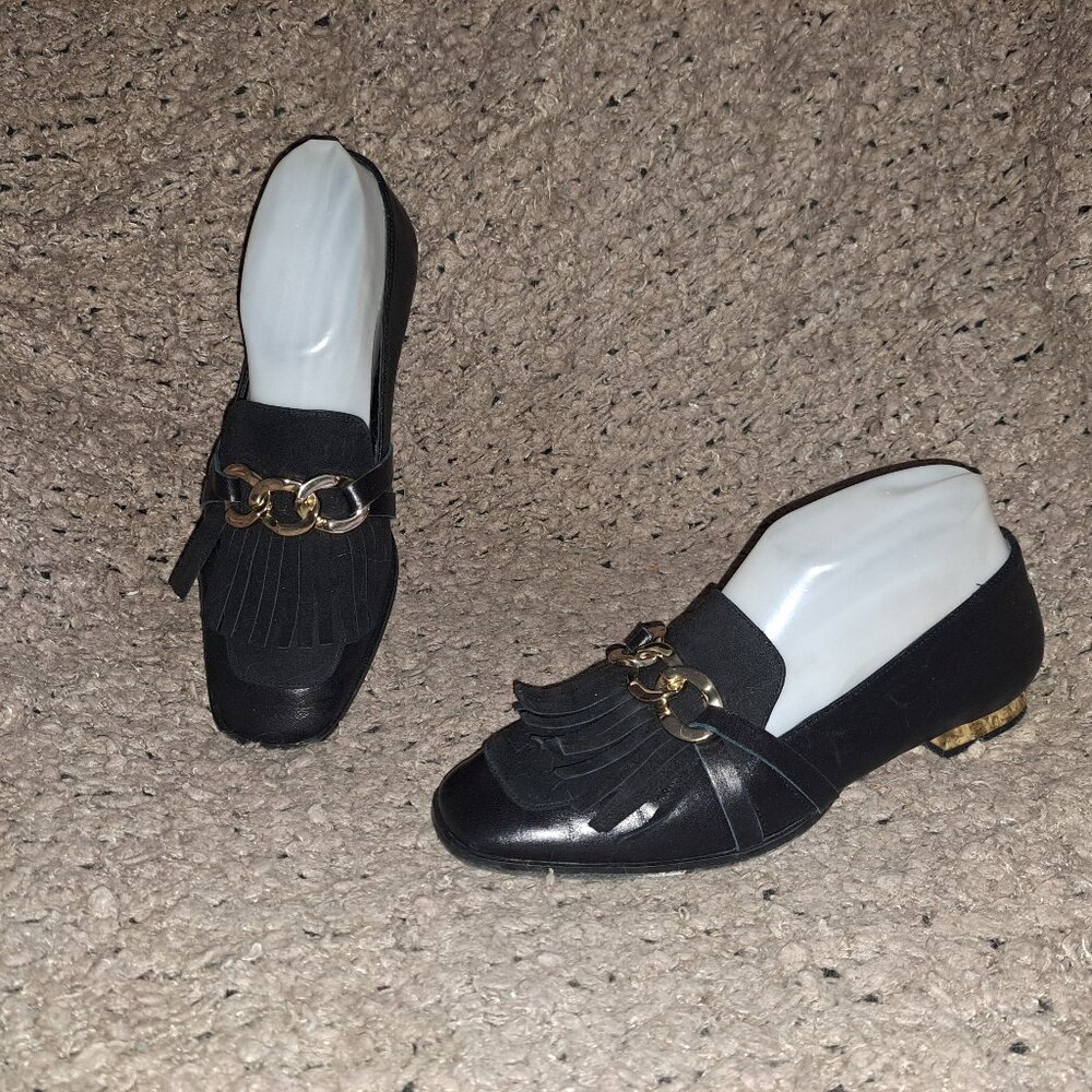 MASSIMO DUTTI-Black Nappa Leather Chain Suede Kiltie Loafers-Sz 37-Excellent